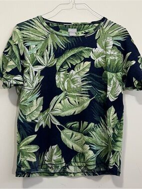 Chico's Tropical Print 100% Linen Short Sleeve Tee Top Sz 2 Large Coastal Beach